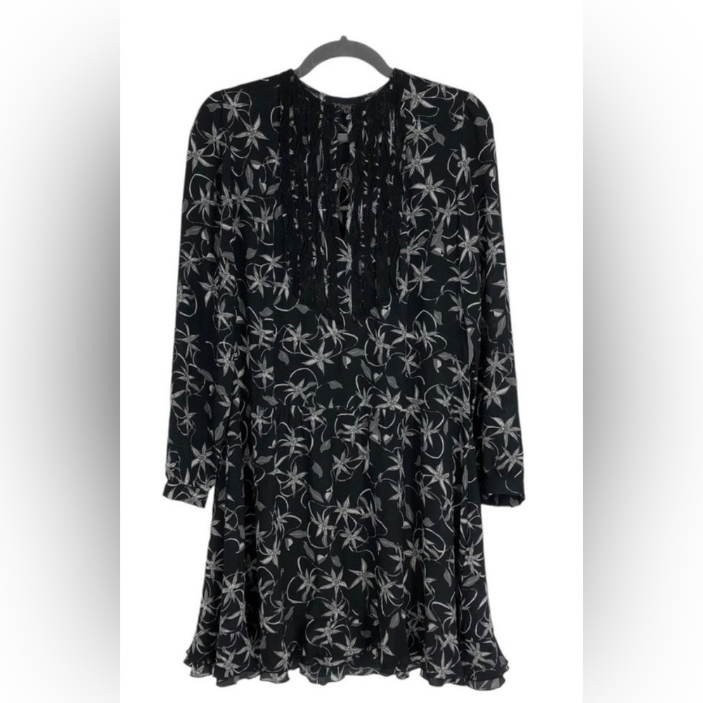 Zadig & Voltaire Dark Floral Remus Print Drop-Waist Silk Long Sleeve Dress M